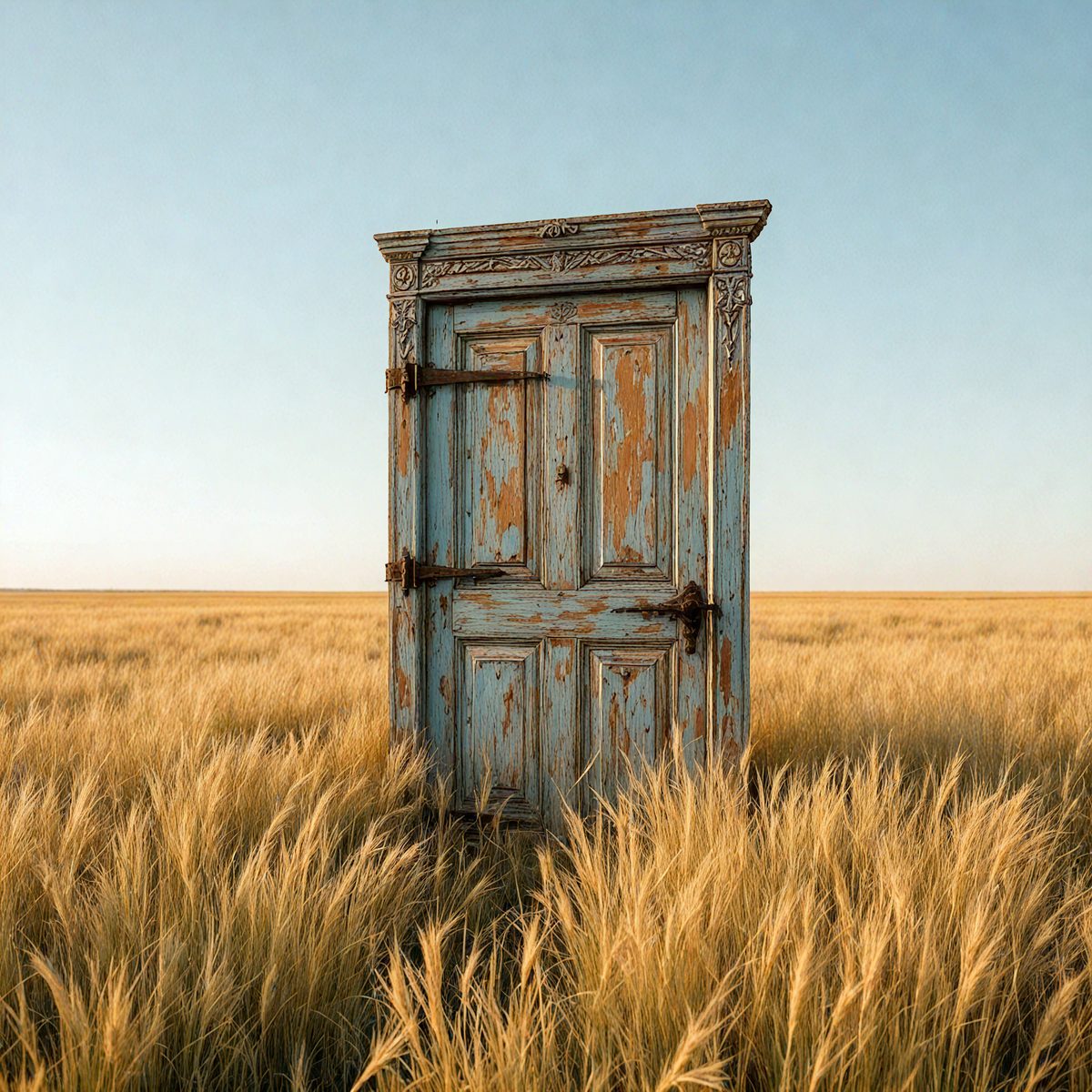 The primary subject of the image is a blue door with a rusty appearance, standing in a field of tall, dry grass. The setting is a vast, open field with a sky background. The visual style is a photo, capturing the door in its natural environment. The colors and mood of the image are predominantly earthy tones, with the blue door contrasting against the rusty appearance and the dry grass.
